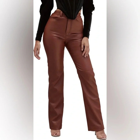NWOT House of CB Inaya Stretch Vegan Leather Trousers in Brown - size S - Picture 1 of 11